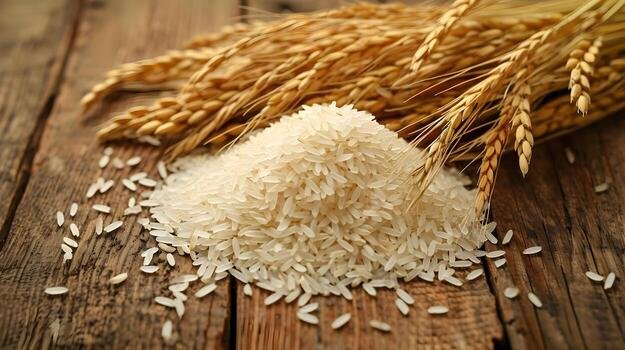 ai-generated-a-handful-of-long-grain-white-rice-spills-out-on-the-wooden-table-food-light-natural-colors-high-quality-ai-generative-photo
