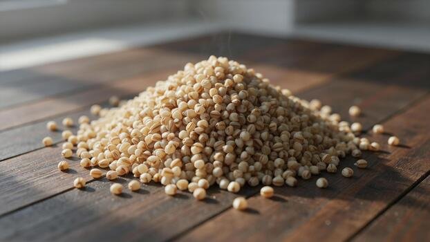 close-up-pile-of-white-quinoa-seeds-on-wooden-surface-with-soft-natural-light-photo
